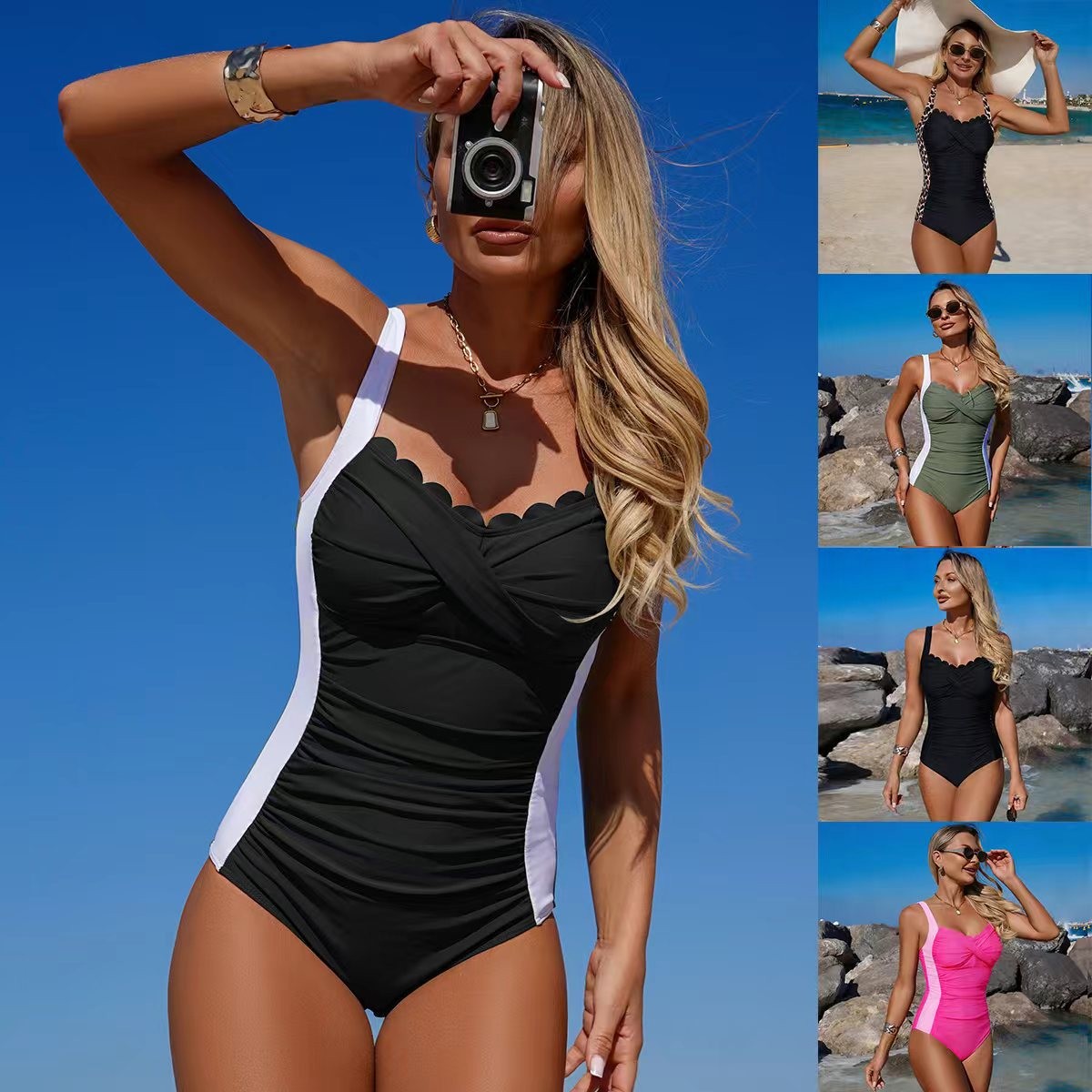 Swimsuit One Piece - Czarny strój kąpielowy z falbanką przy