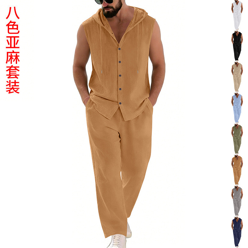 Summer Clothing Usa - Męski lniany komplet casualowy: bluza z