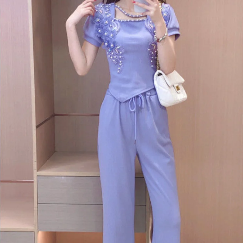 Summer Clothing Trends 2025 Women'S - Szerokie spodnie damskie fioletowe, zestaw dwuczęściowy,