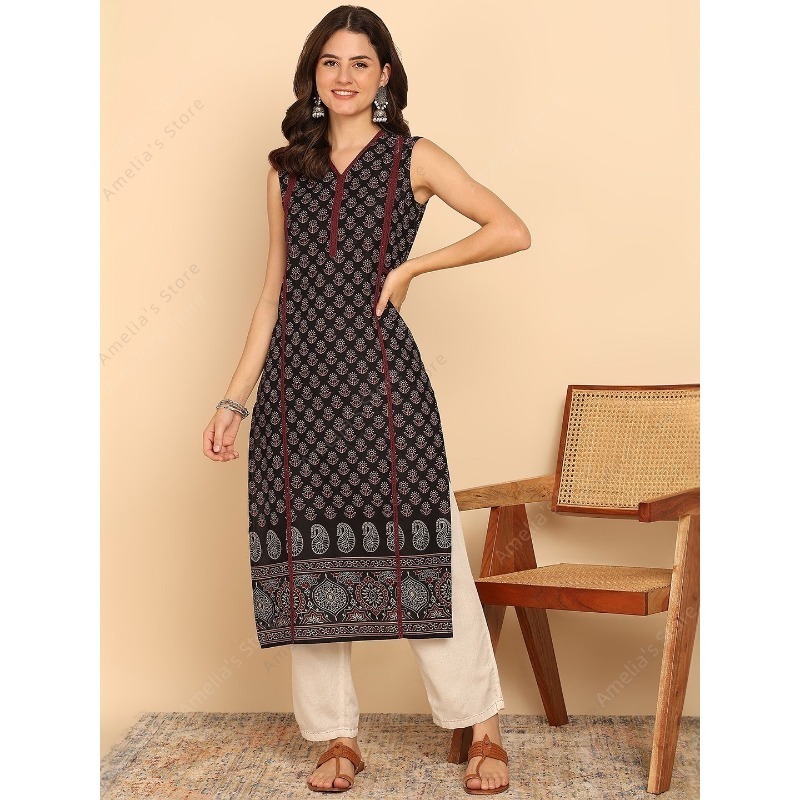 Summer Clothing Pakistan - Damska czarno-zielona bawełniana tunika Kurta w