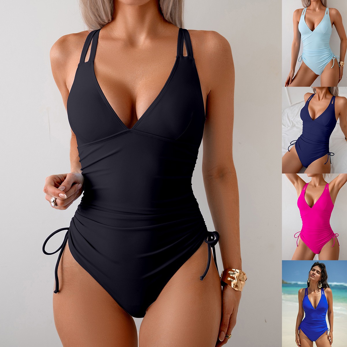 Swimsuit One Piece - Czarny strój kąpielowy jednoczęściowy z dekoltem