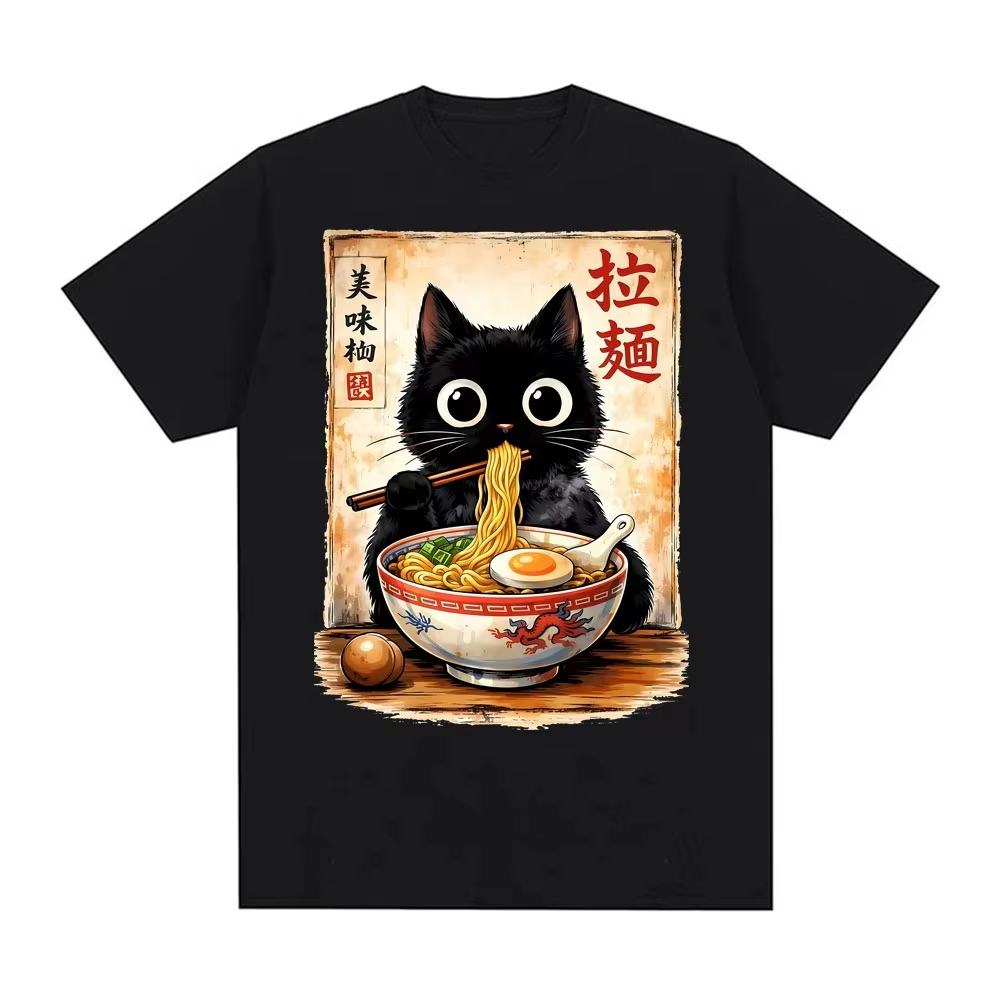 Summer Clothing Essentials Women - Koszulka 2026 Kawaii Ramen Cat Retro