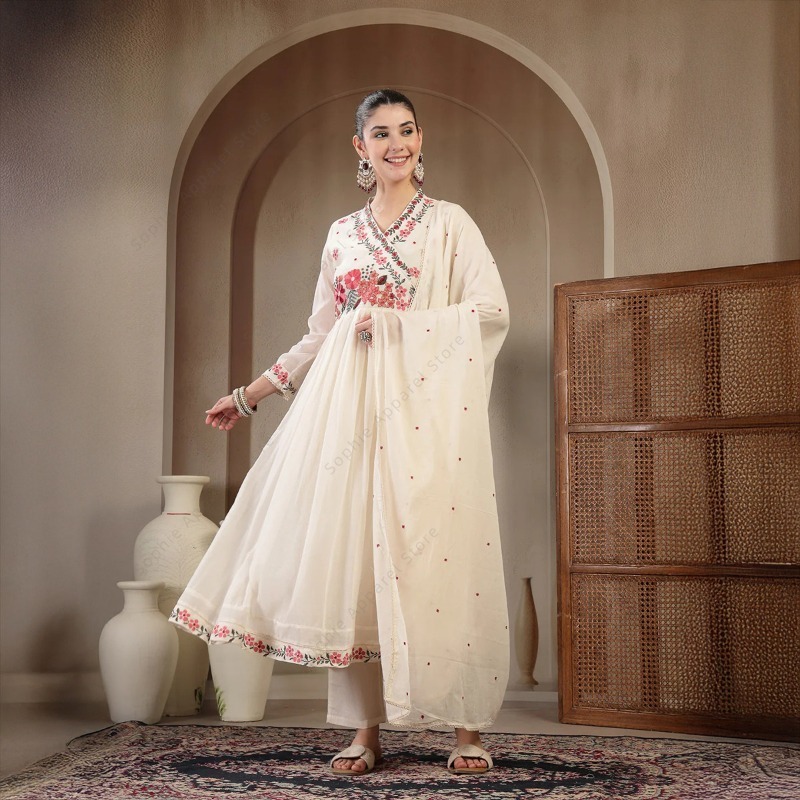 Summer Clothing Pakistan - Biały bawełniany zestaw Anarkali Kurti z